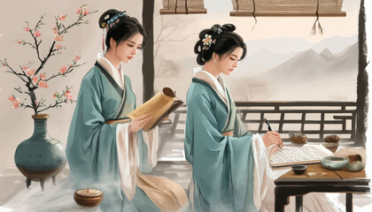 Obraz premium Chinese Calligraphy: Two Women in Traditional Costumes, One Writing and the Other Reading, with a Flower-Adorned Scroll and a Vase of Flowers in the Background