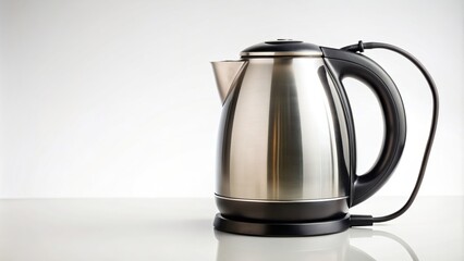 transparent lid,electric tea kettle, electric cord, handle, heat, water boiling, domestic utensil, brewing, electric kettle, stainless steel, Electric tea kettle on a white background