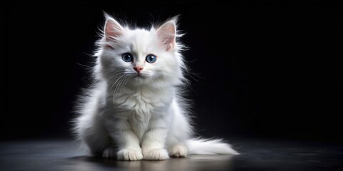 Obraz premium paws, animal, one, beautiful, white, eyes, adorable, background, feline, playful, adorable, cute, fur, soft, Black and white shot of a cute white fluffy kitten sitting on a black background