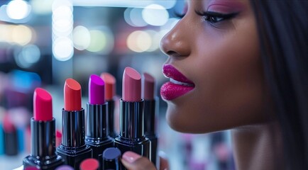 a woman looking at colorful lipstick shades in a cosmetic store