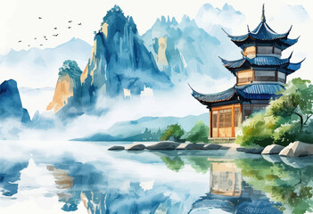 Obraz premium Chinese-style pavilion by the water with mountains in the background