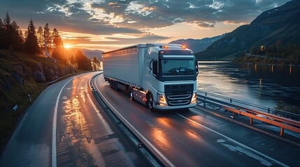 A semi truck speeds along a mountainous highway at sunrise, showcasing a blend of industry and natural beauty