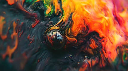Abstract Swirling Liquid Art with Black  Orange  Yellow and Green Colors