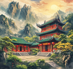 Fototapeta premium Chinese Temple with Red Roofs and Green Walls, Set against a Mountainous Backdrop with Sunset Glow