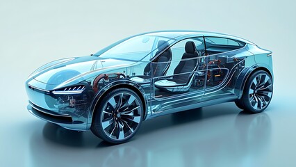 Fototapeta premium A line art 3D illustration displays a modern electric car chassis x-ray, revealing the vehicle battery in a studio environment.
