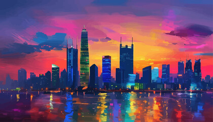 Fototapeta premium Cityscape at Sunset with Reflections on Water