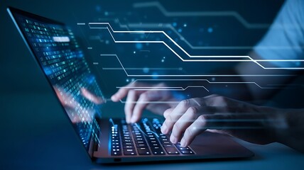 Closeup of hands typing on a keyboard with digital technology hologram screen, software development concept. Coding programmer, software engineer