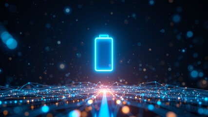 Glowing Circuitry Network - Futuristic Energy Flow, A stylized digital illustration featuring a glowing blue battery icon at its core, interconnected with a luminous network of lines and dots.