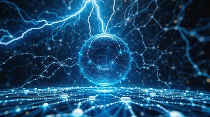 Obraz premium Glowing Tech Sphere Network, Futuristic digital network illustration featuring a glowing blue sphere surrounded by interconnected lines and dots. Lightning bolts illuminate a dark background.