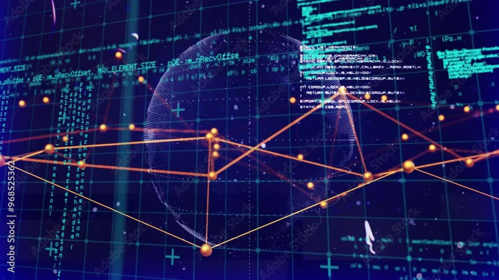 Poster animation of network of connections and data processing over globe on black background