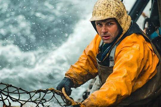 A man in a yellow jacket is pulling a fishing net - Powered by Adobe