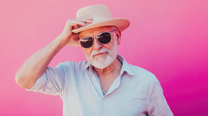elderly  age healthy man who is exciting , lively , energized and friendly , posing in front of pink background 