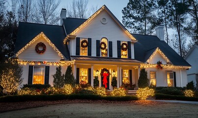 Stylish Christmas lights on the roof of your home, creating an enchanting and festive atmosphere for all to enjoy. A well-lit house with white LED Christmas light decoration