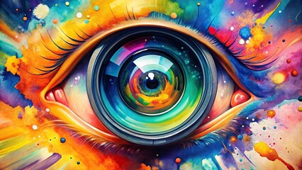 artwork, lively, fisheye lens, A vibrant and bold watercolor painting of a fisheye lens capturing the essence of health promotion featuring vibrant colors and abstract shapes