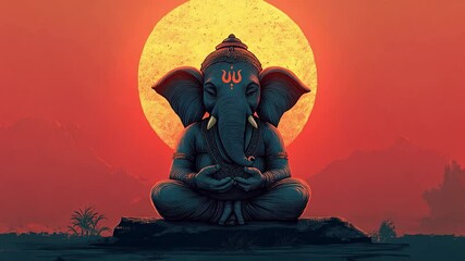 illustration of Lord Ganesha, depicted in a meditative pose with intricate patterns and bright colors. 