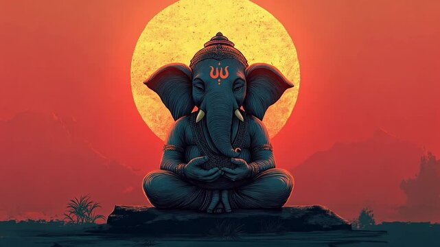 illustration of Lord Ganesha, depicted in a meditative pose with intricate patterns and bright colors. 