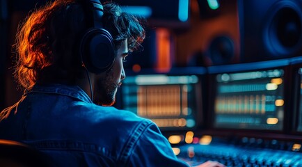a musician skillfully uses professional equipment, creating captivating music in a studio filled with advanced tools