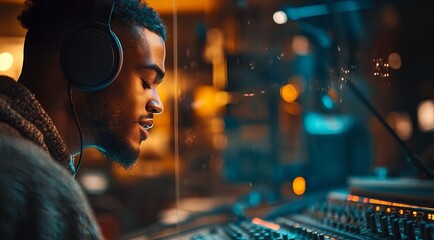 a musician skillfully uses professional equipment, creating captivating music in a studio filled with advanced tools