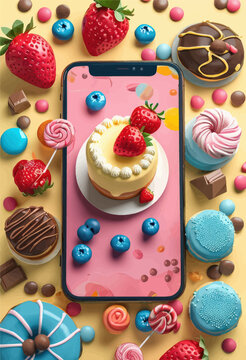 Fruit-topped desserts on a vibrant pink background with strawberries and blueberries