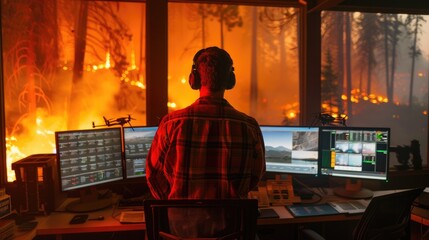 Obraz premium High tech wildfire fighting command center with drone coordination