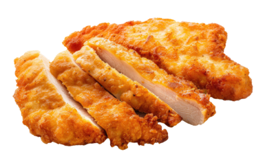 Sliced chicken schnitzel isolated on white background