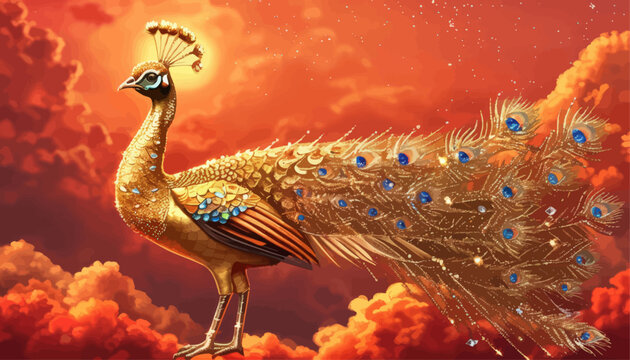 Golden Peacock with Eye Feathers and Feathered Tail, Illuminated by Sunset Clouds