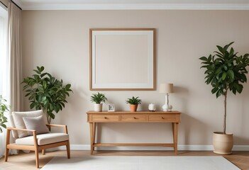 A modern living room with a large empty frame