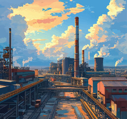 Industrial Cityscape with Smoke and Clouds