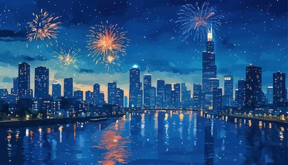 Fototapeta premium Illuminated City Skyline with Fireworks Over River at Night
