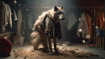 Wolf caught in the act of putting on sheep’s clothing, symbolizing deception and hidden intentions