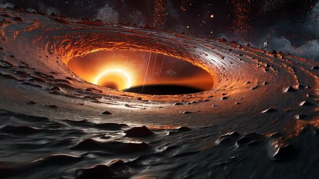 Massive black hole with glowing event horizon devours surrounding matter in a stunning cosmic scene
