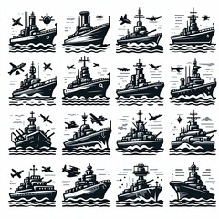 warship icon set.  illustration white background	