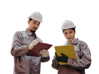 Engineers talks to managers at the Container cargo  on transparent background