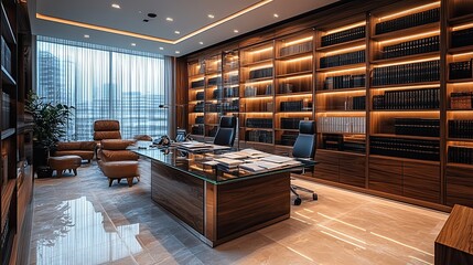18. A modern law office with sleek furniture, a glass desk covered in legal documents, and floor-to-ceiling bookshelves lined with legal volumes