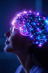 Obraz premium A woman with glowing brain connections, representing creativity and technology in a futuristic atmosphere.