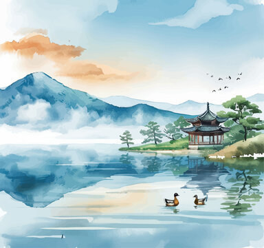 Peaceful Lake Scene with Ducks and a Traditional Pavilion