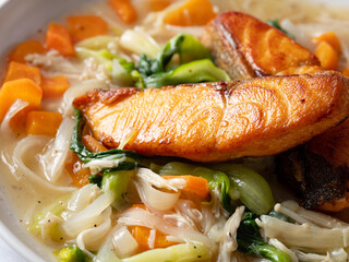 Salmon steak with vegetables on a plate