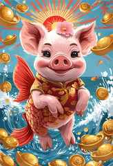 Pig with Flower Crown and Gold Coins, Swimming in Ocean