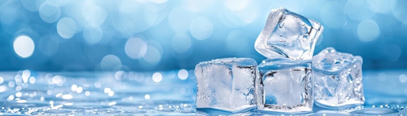 Obraz premium Clear ice cubes glistening on a smooth surface, creating a refreshing and cool atmosphere with a blue background.
