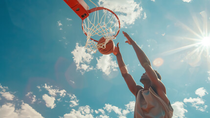 Young man dunking the ball in the hoop while playing basketball against the sky on a sunny day.