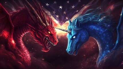 Naklejka premium Epic Showdown: Fiery Red Dragon vs. Majestic Blue Unicorn - Stunning Poster for Sports Interior with Starry Stripes Background, Perfect for Unique Wall Art!
