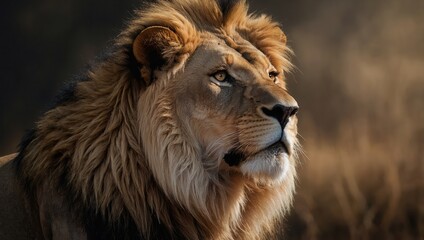 Fototapeta premium A majestic lion with a beautiful mane is staring at the sky