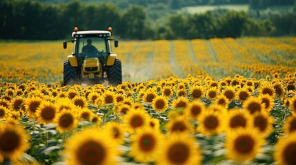 8. Farmer driving a tractor through a sunflower field in full bloom, bright yellow flowers stretching as far as the eye can see