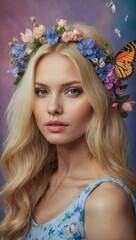 Fototapeta premium A woman that looks like a fairy with a flower crown on her head is standing next to a bunch of butterflies