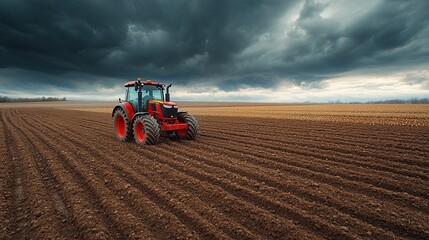 Obraz premium 22. Tractor planting seeds in long, straight rows in a freshly plowed field, with dark clouds gathering on the horizon