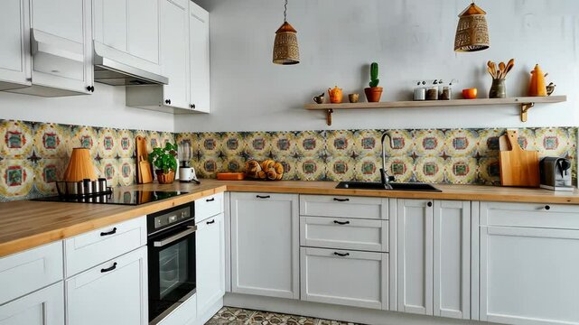 Cozy white kitchen with colorful patterned tiles, wooden countertops, and rustic decor elements like hanging lamps and a potted plant. Home design concept.

