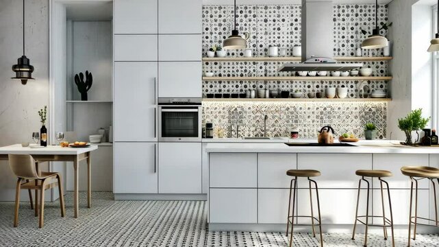 Cozy white kitchen with colorful patterned tiles, wooden countertops, and rustic decor elements like hanging lamps and a potted plant. Home design concept.

