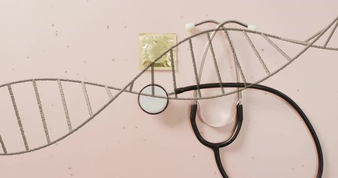 Animation of dna strand and stethoscope over condom on white background