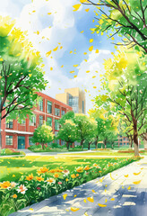 Obraz premium Vibrant Campus Scene with Yellow Leaves and Flowers