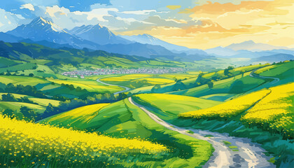 Vibrant countryside landscape with winding road and yellow flowers